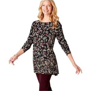 J Jill Floral Black Cascading Vines Long Sleeve Shirred Tunic